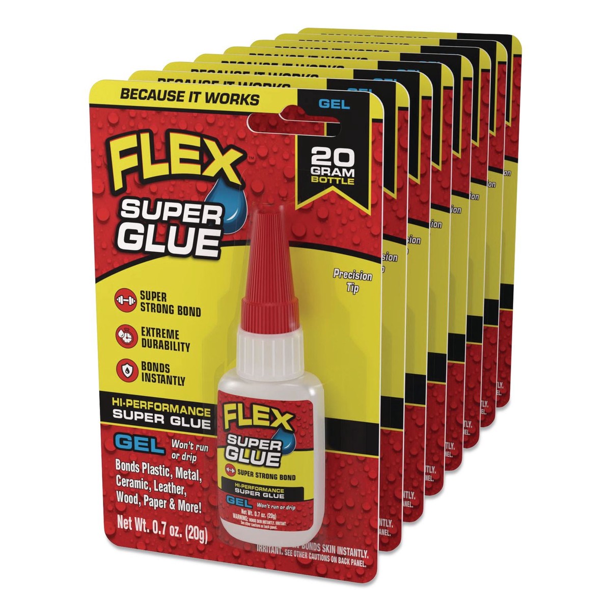Flex Seal Products Flex Super Glue, Precision Tip, Gel, 0.7 oz, Dries Clear, 8/Carton (FSGSGGELB20)