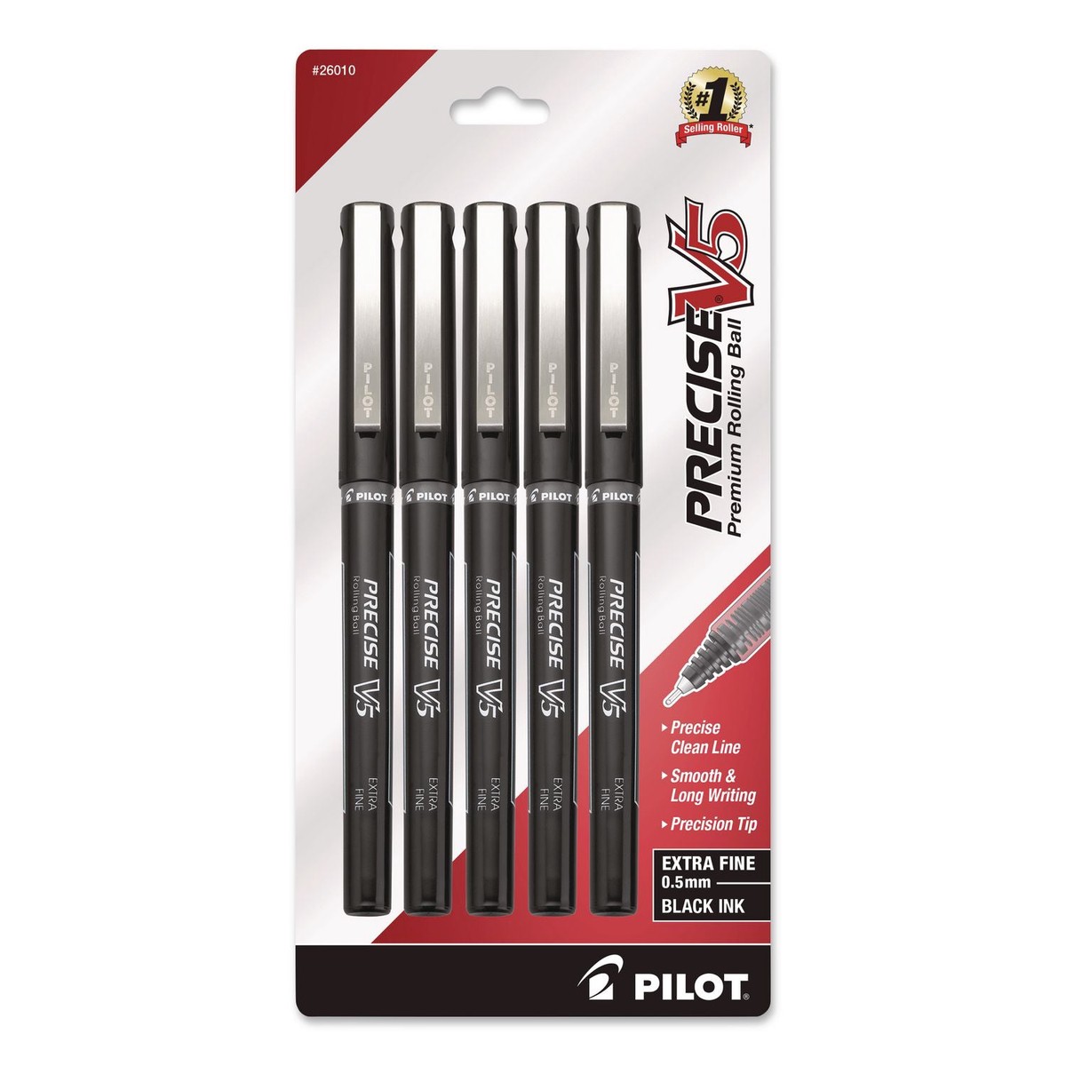 Pilot Precise V5 Rollerball Pen, Stick, Extra-Fine 0.5 mm, Black Ink, Black/Clear Barrel, 5/Pack (PIL26010)