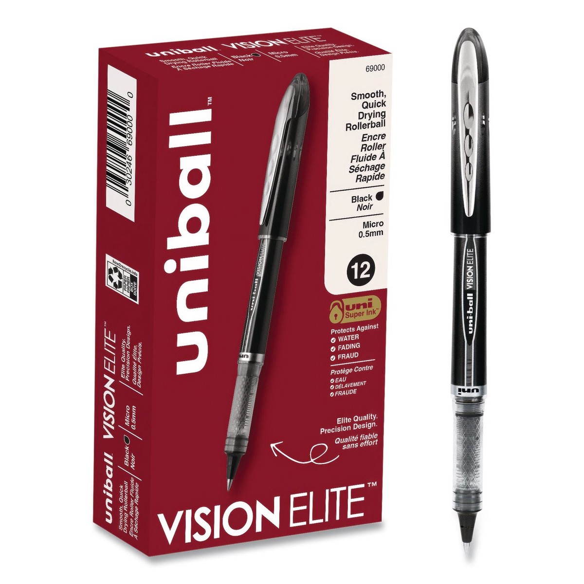uniball VISION ELITE Rollerball Pen, Stick, Micro 0.5 mm, Black Ink, Black/Clear Barrel, Dozen (UBC69000DZ)