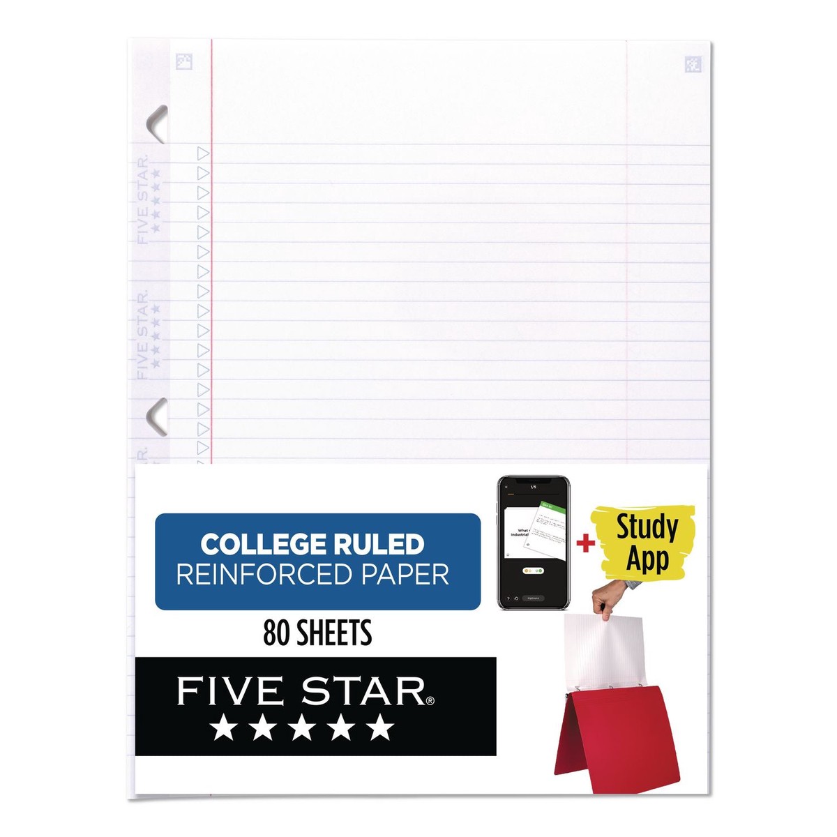 Five Star Reinforced Filler Paper Plus Study App, 3-Hole, 8.5 x 11, College Rule, 80/Pack (MEA170102)