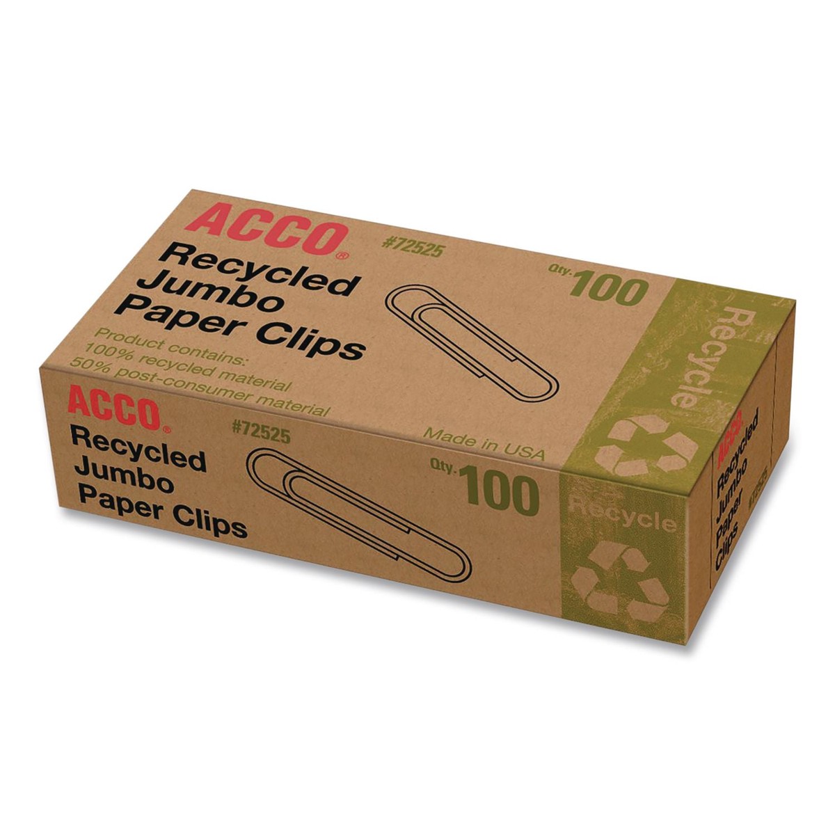 ACCO Recycled Jumbo Paper Clips, Smooth, Silver, 100/Box, 50 Boxes/Carton (ACC72525CT)