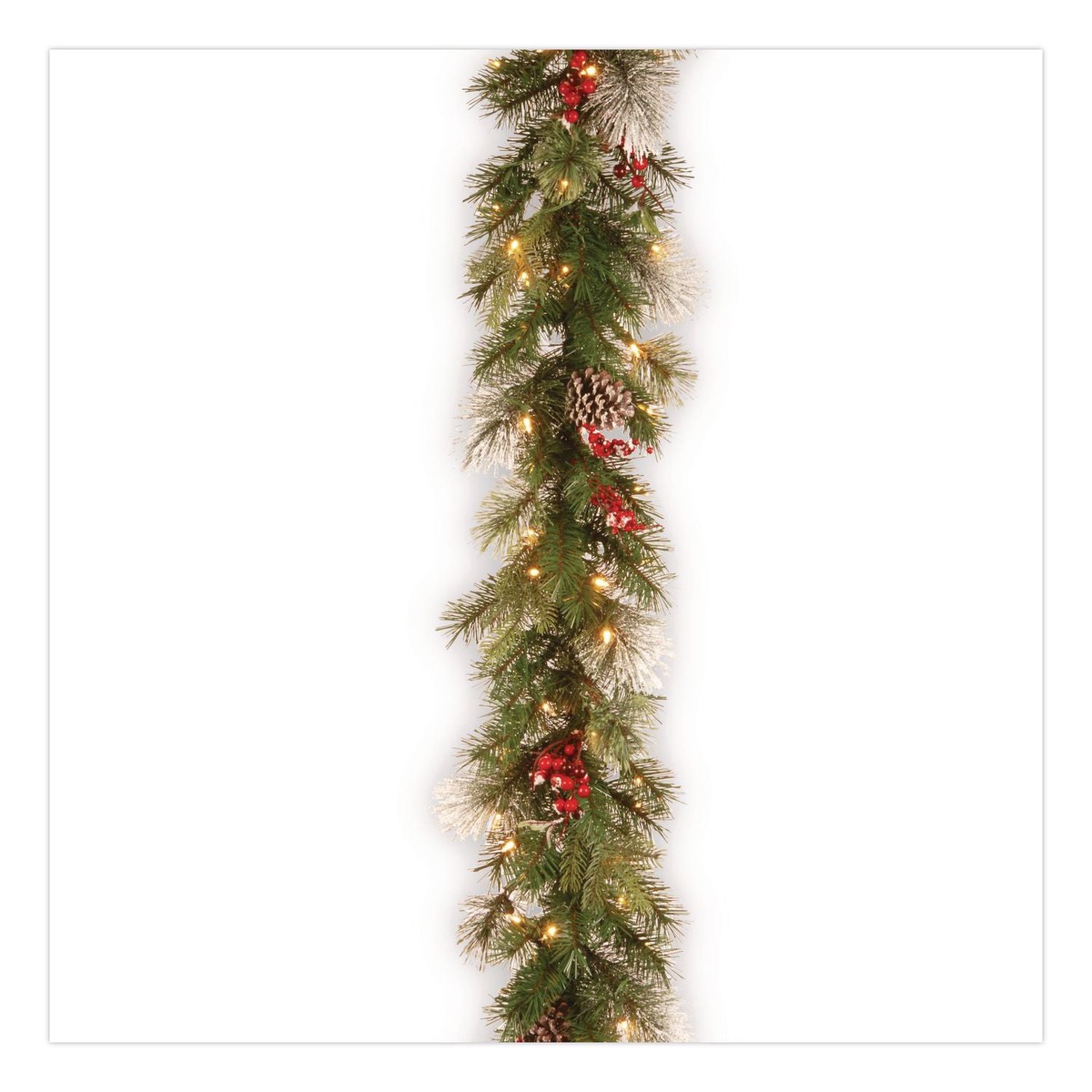 National Tree Company Pre-Lit Wintry Pine Garland, AC Powered, Clear Incandescent Lights, 108″ Long, Green (NTTPEWT3009B1)