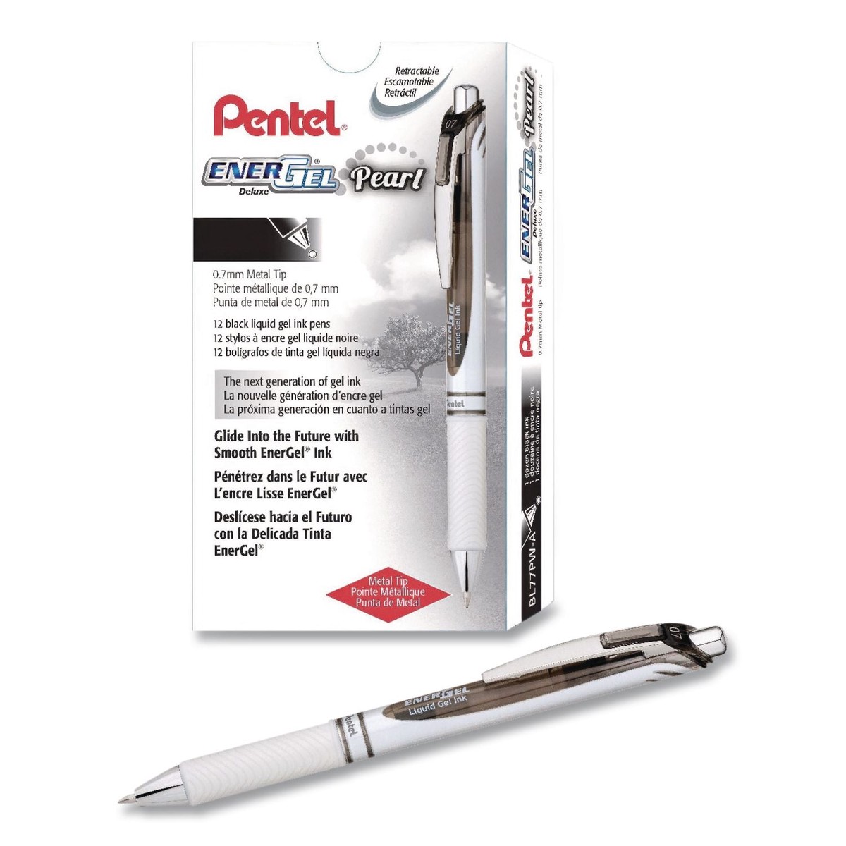 Pentel EnerGel Pearl Deluxe RTX Gel Pen, Retractable, Medium 0.7 mm, Black Ink, Pearl White/Smoke Barrel, Dozen (PENBL77PWADZ)