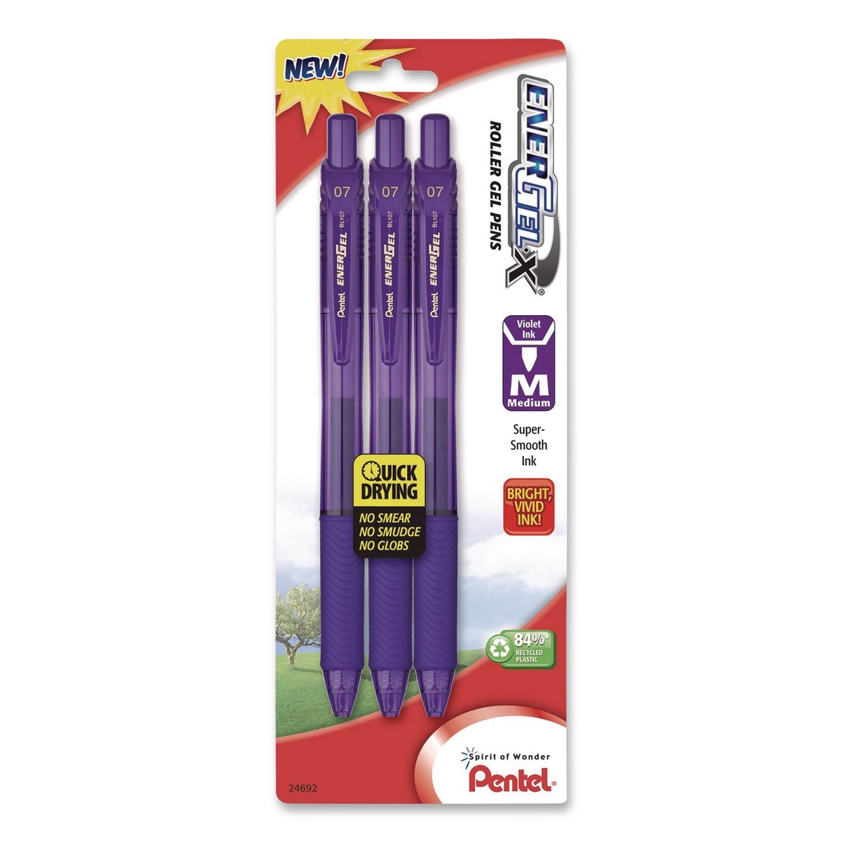 Pentel EnerGel-X Gel Pen, Retractable, Medium 0.7 mm, Violet Ink, Translucent Violet/Violet Barrel, 3/Pack (PENBL107BP3V)