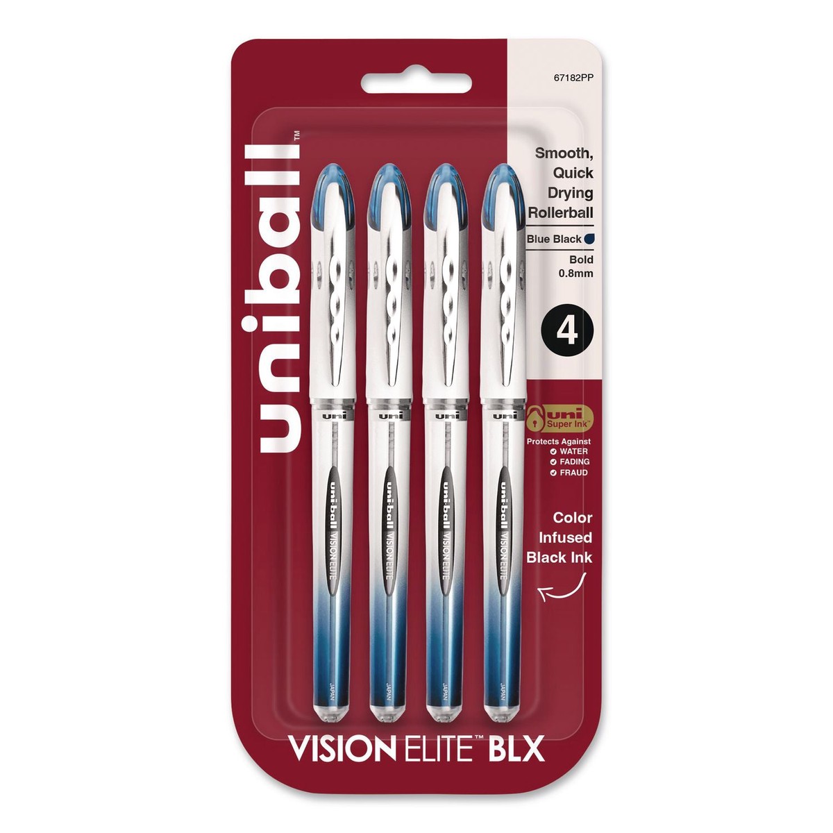 uniball VISION ELITE BLX Series Hybrid Gel Pen, Stick, Bold 0.8 mm, Blue-Infused Black Ink, White/Blue/Clear Barrel, 4/Pack (UBC67182PP)