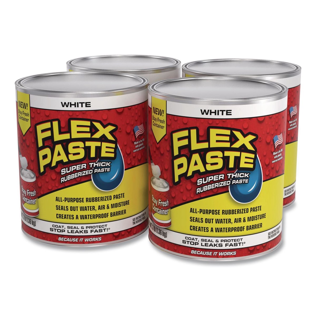 Flex Seal Products Flex Paste Super Thick Rubberized Paste, 3 lb Can, Dries White, 4/Carton (FSGPFSWHTR32)