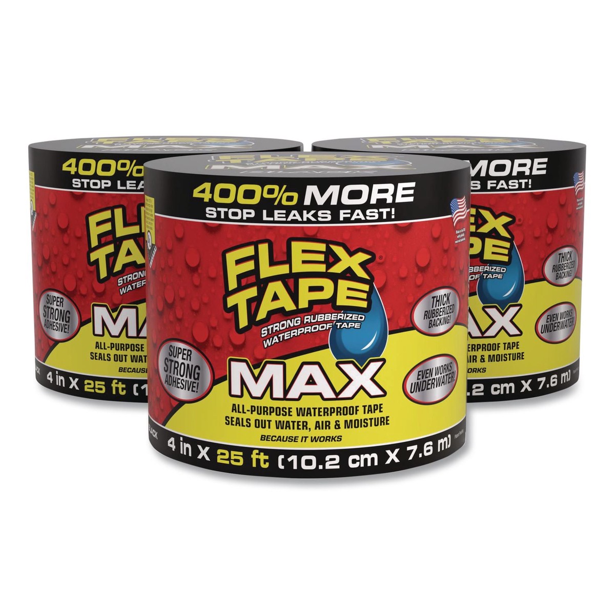 Flex Seal Products MAX Strong Rubberized Waterproof Tape, 4″ Core, 39 mils Thick, 4″ x 25 ft, Black, 3/Carton (FSGTFSMAXBLK04)