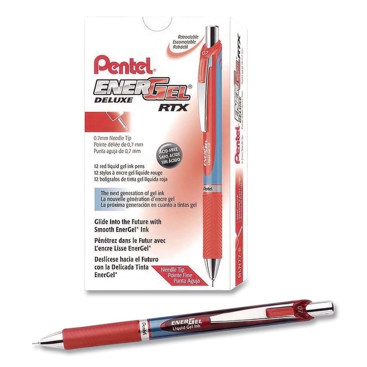 Pentel EnerGel RTX Deluxe Gel Pen, Retractable, Medium 0.7 mm, Red Ink, Red/Blue Barrel, Dozen (PENBLN77BDZ)