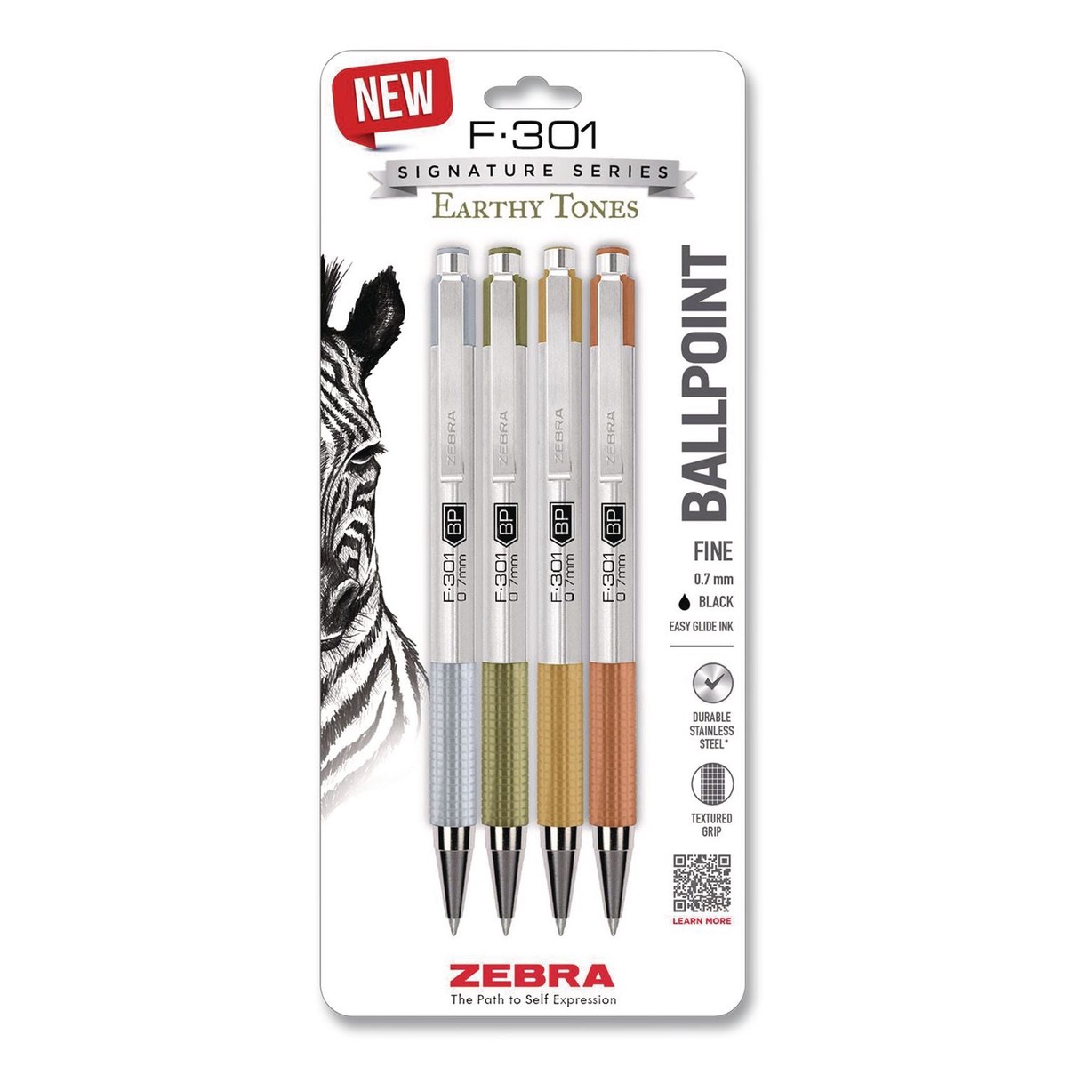 Zebra F-301 Signature Series Earthy Tones Ballpoint Pen, Retractable, Fine 0.7 mm, Black Ink, Assorted Earthy Tones Barrel, 4/Pack (ZEB27304)