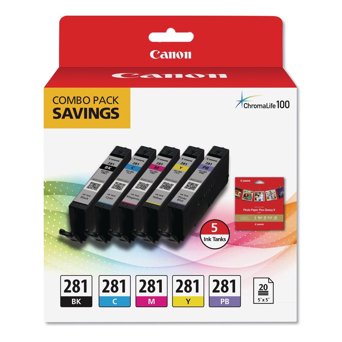 Canon 2091C006 (CLI-281) ChromaLife100 Ink/Paper Combo, Black/Blue/Cyan/Magenta/Yellow (CNM2091C006)