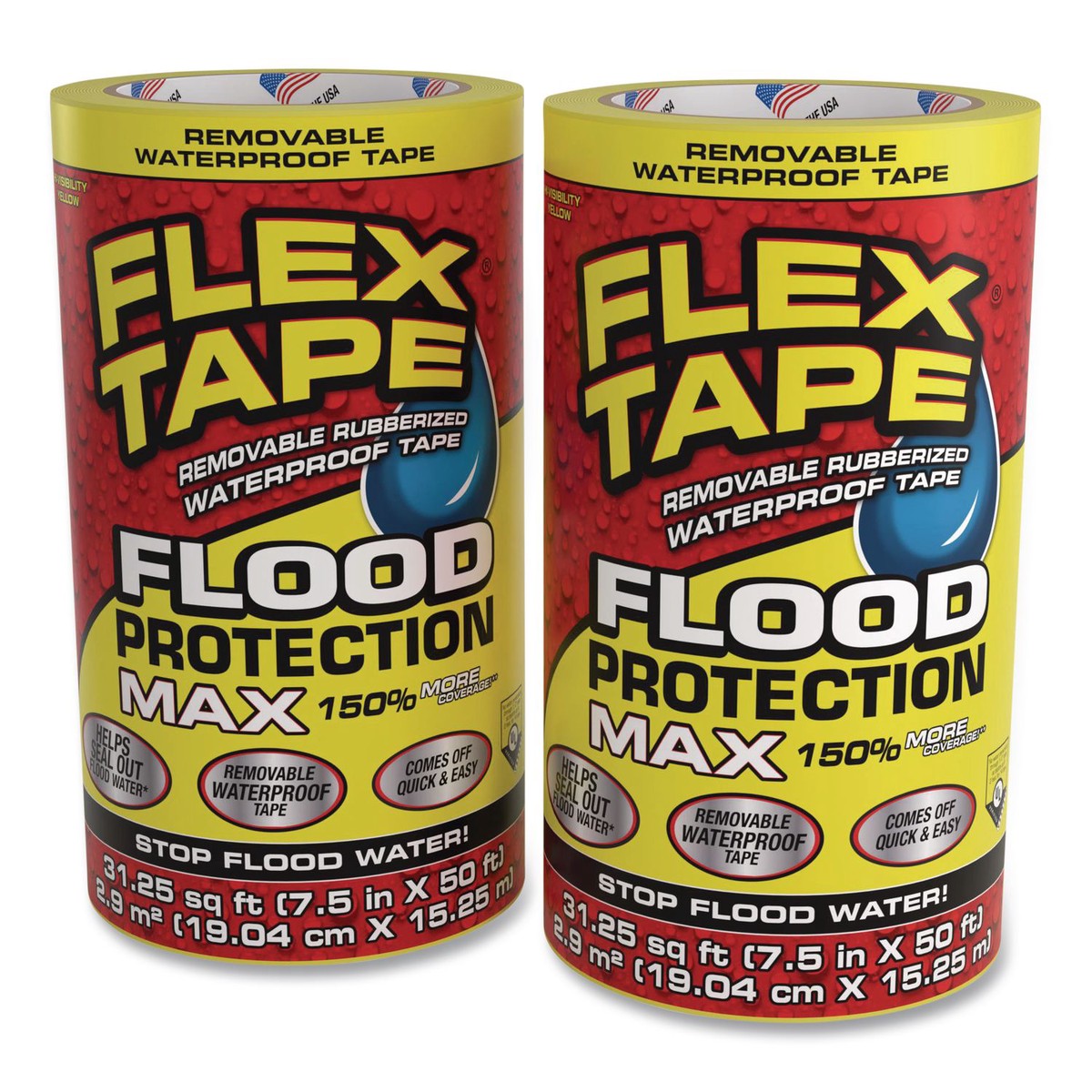 Flex Seal Products Flex Tape Removable Rubberized Waterproof Flood Protection Tape, 7.5″ x 50 ft, Yellow, 2/Carton (FSGRTSYELR0850)