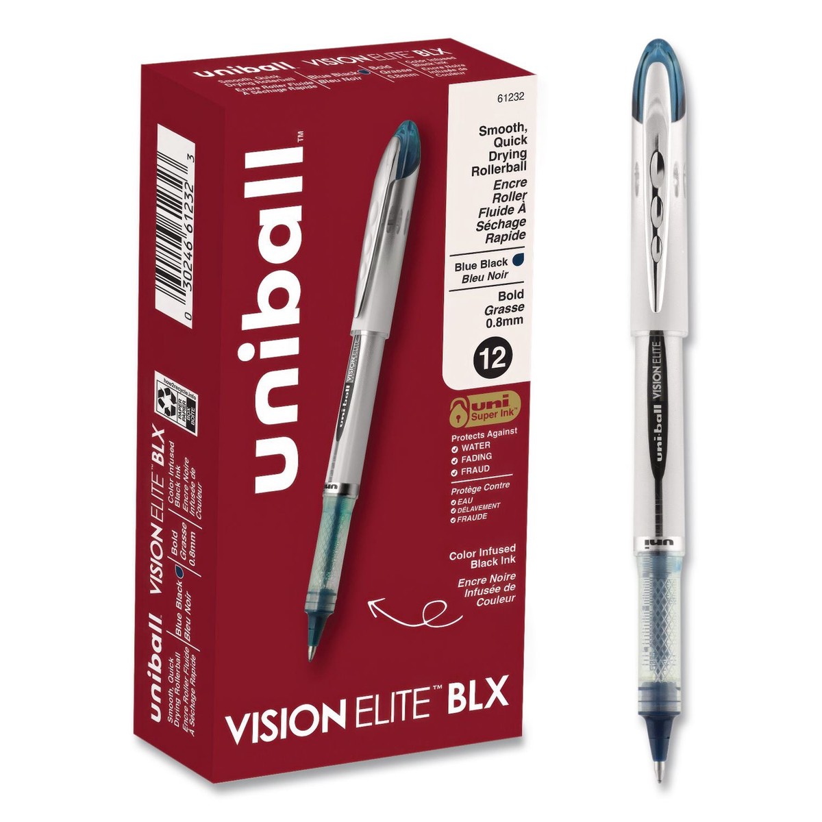 uniball VISION ELITE BLX Series Rollerball Pen, Stick, Bold 0.8 mm, Blue-Infused Black Ink, White/Blue/Clear Barrel, Dozen (UBC61232DZ)