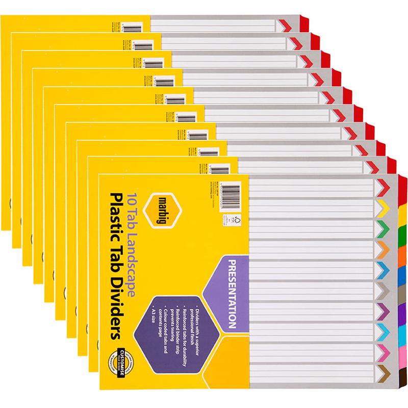 10 Pack Marbig Tab Dividers Landscape A3 Manilla Board 10-Tab Assorted Coloursi
