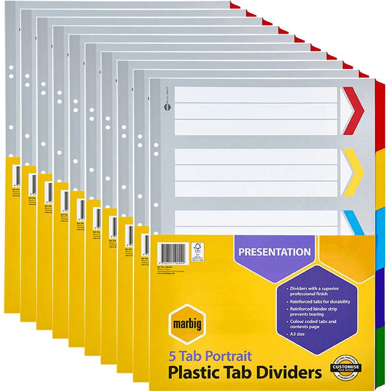 10 Pack Marbig Tab Dividers Manilla Board 5-Tab A3 Portrait Assorted Colours