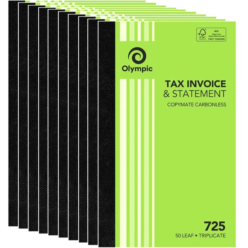 10 Pack Olympic 725 Triplicate Tax Invoice & Statement Book 140871 Bulk